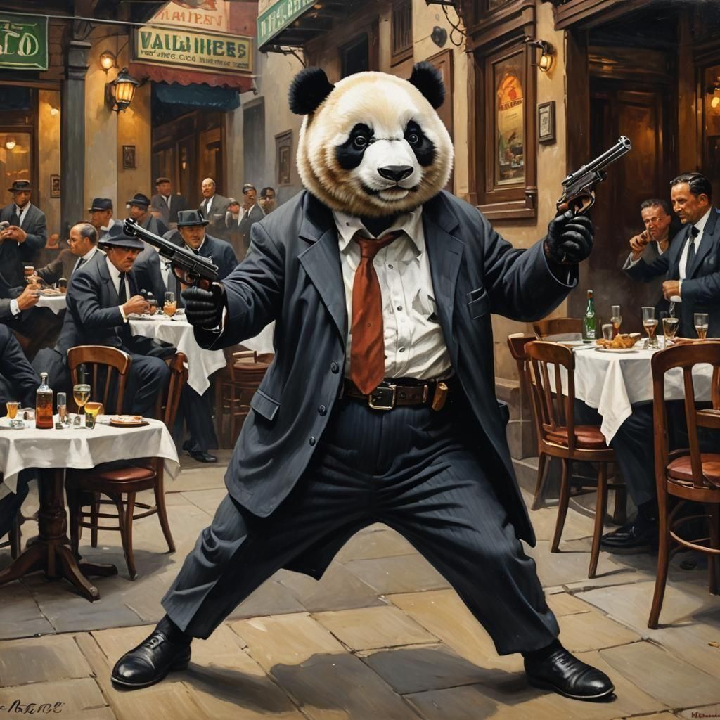 1920s Panda Gangster Oil Painting