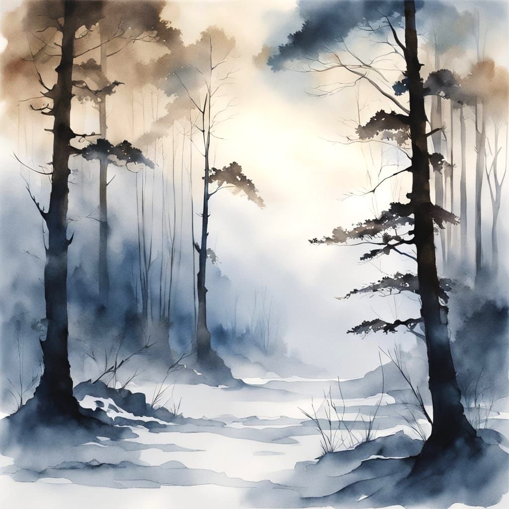 Atmospheric Watercolor Winter Forest Fog