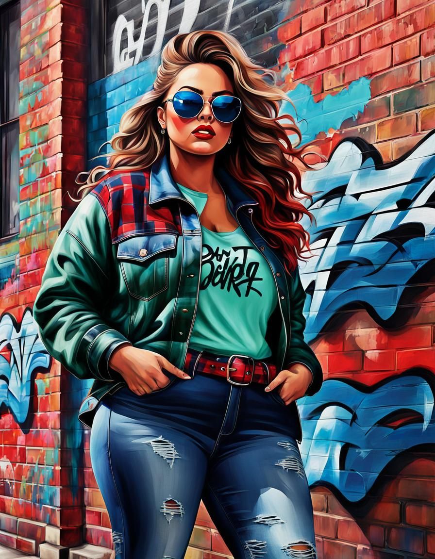 Chubby Woman in Street Fashion Graffiti Art