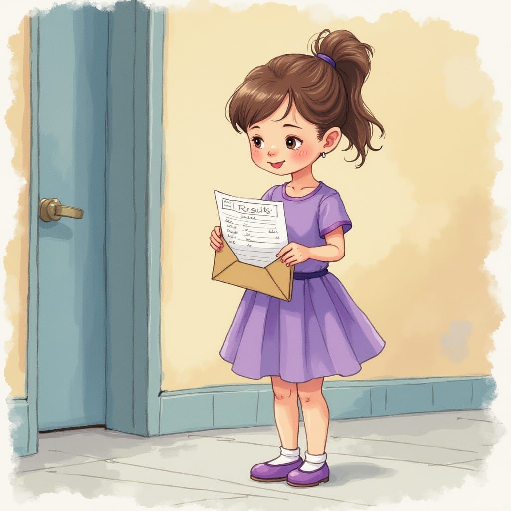 Young Girl in Watercolor Style, Holding Dance Results, in a ...