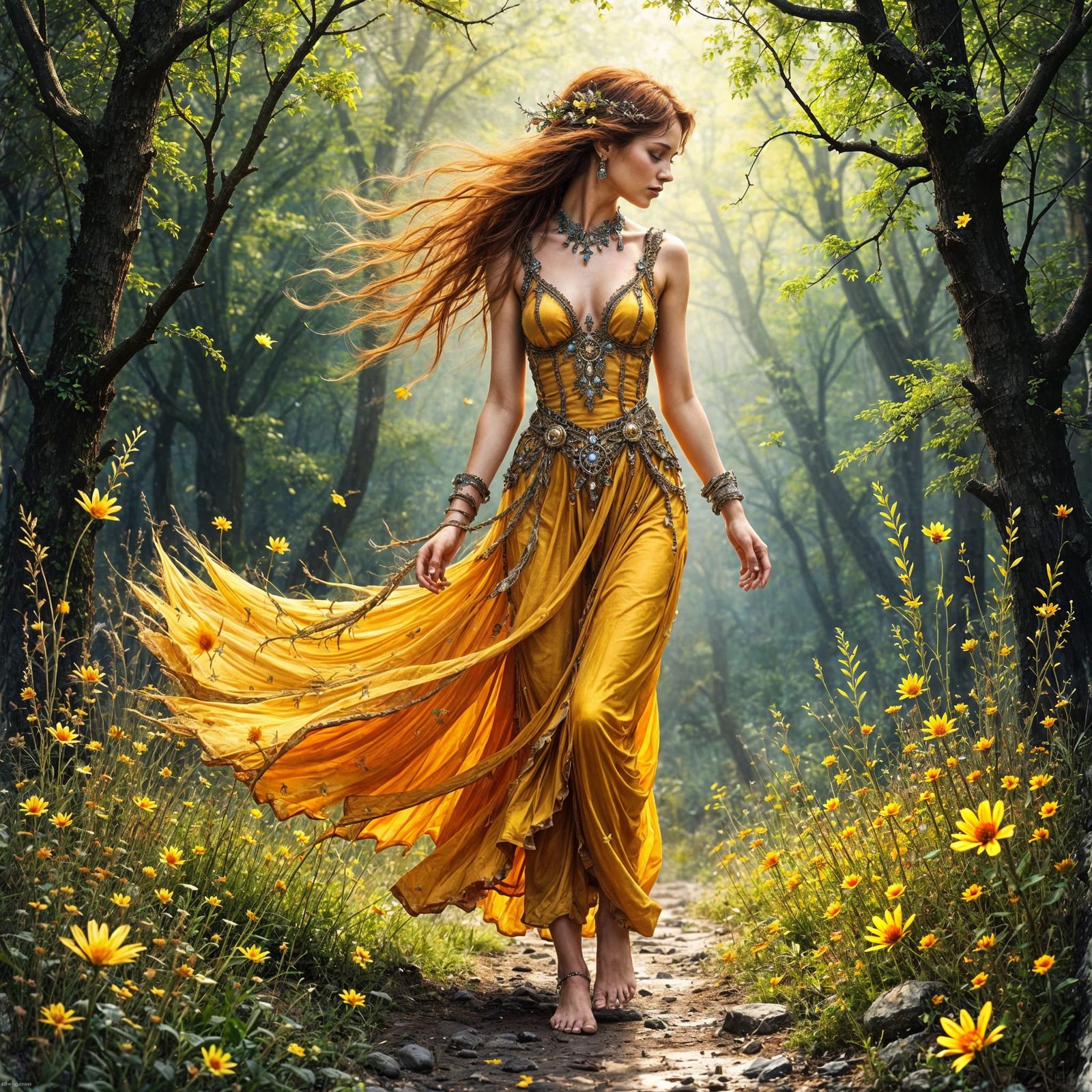 Gypsy Woman Dancing at Sunset: Alphonse Mucha Style