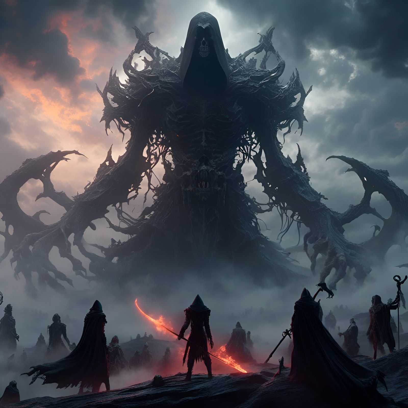 People Confronting a Giant Monster in Dark Fantasy Style