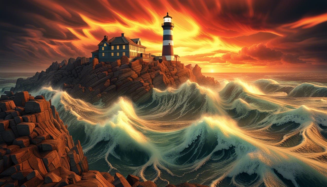 Lighthouse on Fractal Coastline at Sunset