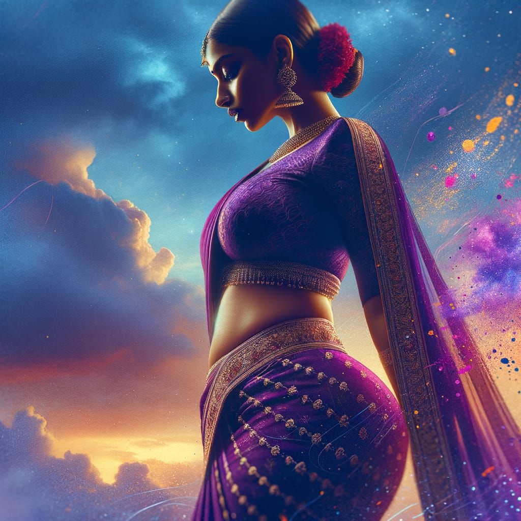 Curvy Indian Woman in Dramatic Purple Saree Against Vibrant ...