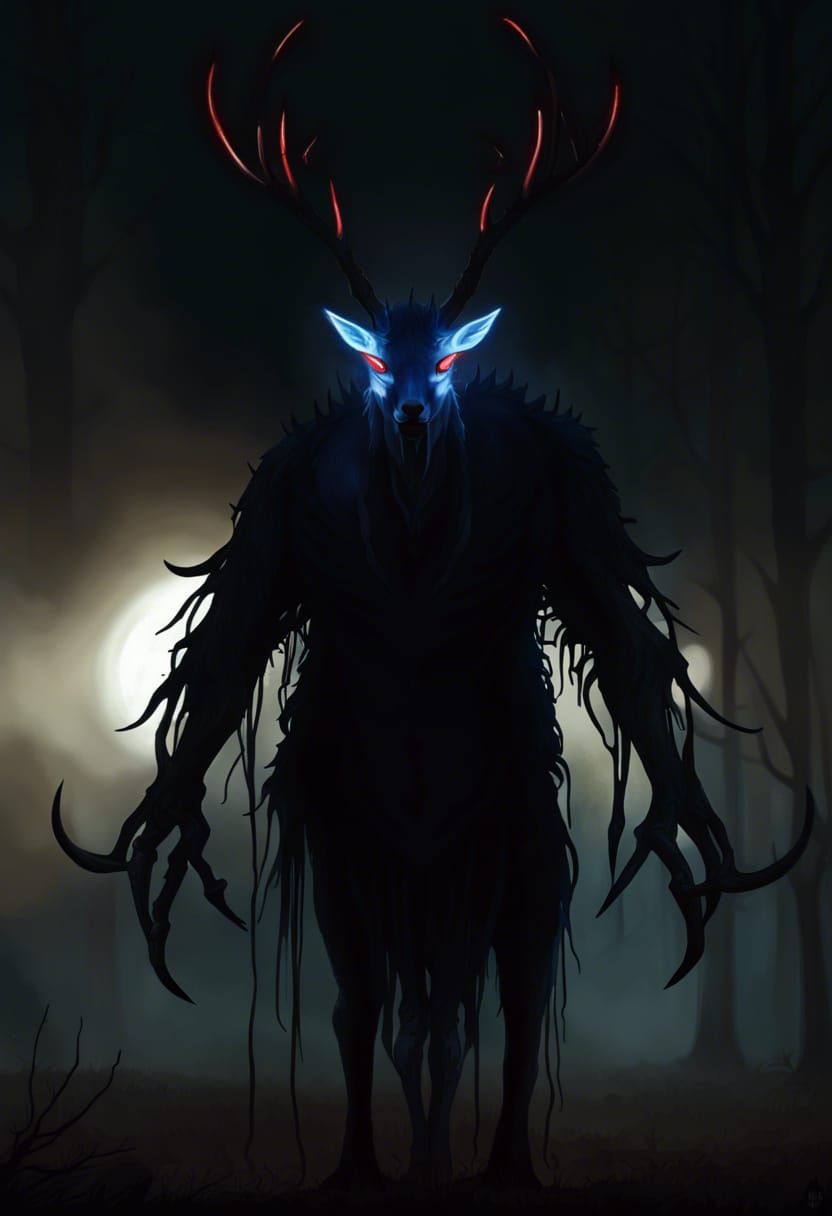 Terrifying Deer Monster in Dark Fantasy Forest
