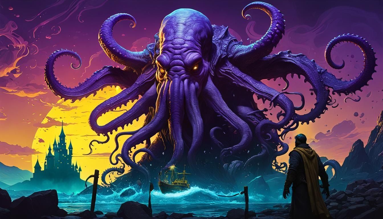 Cthulhu Emerges from Sunken Ship: Dark Fantasy Art