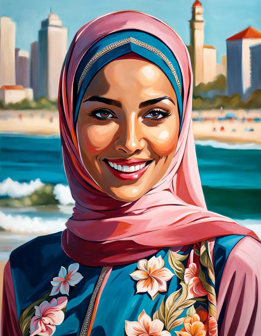 Beautiful Smiling Woman in Hijab on a Beach