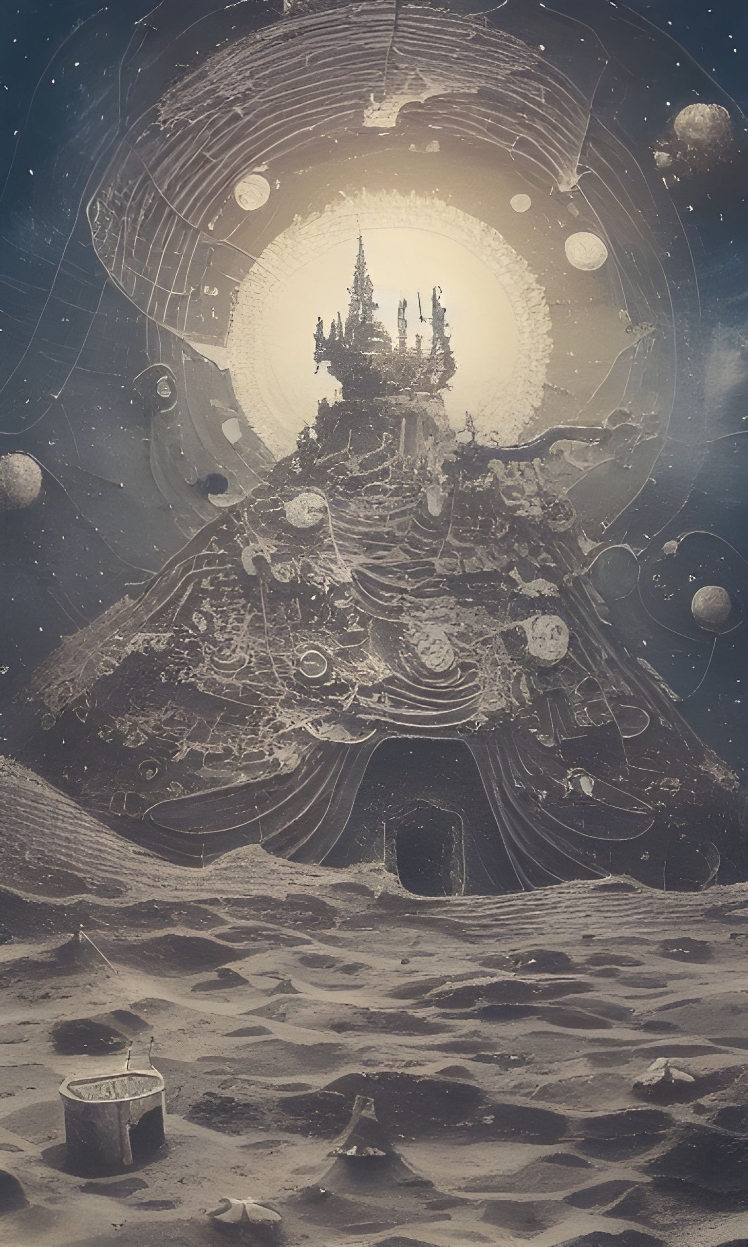 Surreal Sandcastle in Space: Detailed Mixed Media Illustrati...