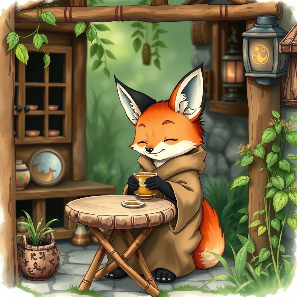 Fox Druid Enjoying Tea, Studio Ghibli Style
