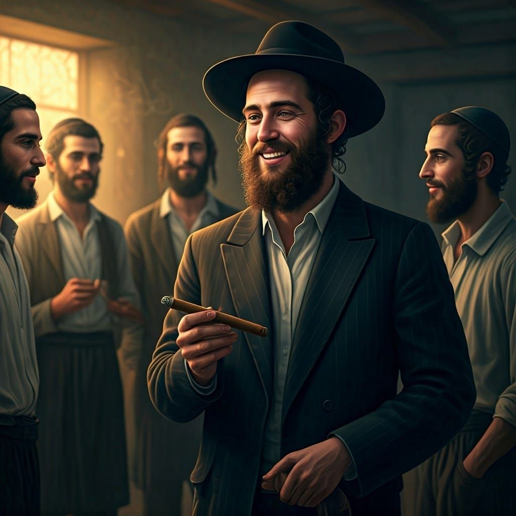 תיצור לי תמונה של בחור חסידי צעיר בן 20 מחלק סיגריות מפקט עם חיוך ענק והוא בבית פשוט עם קירות לבנים והוא מחלק למלא בחורי...