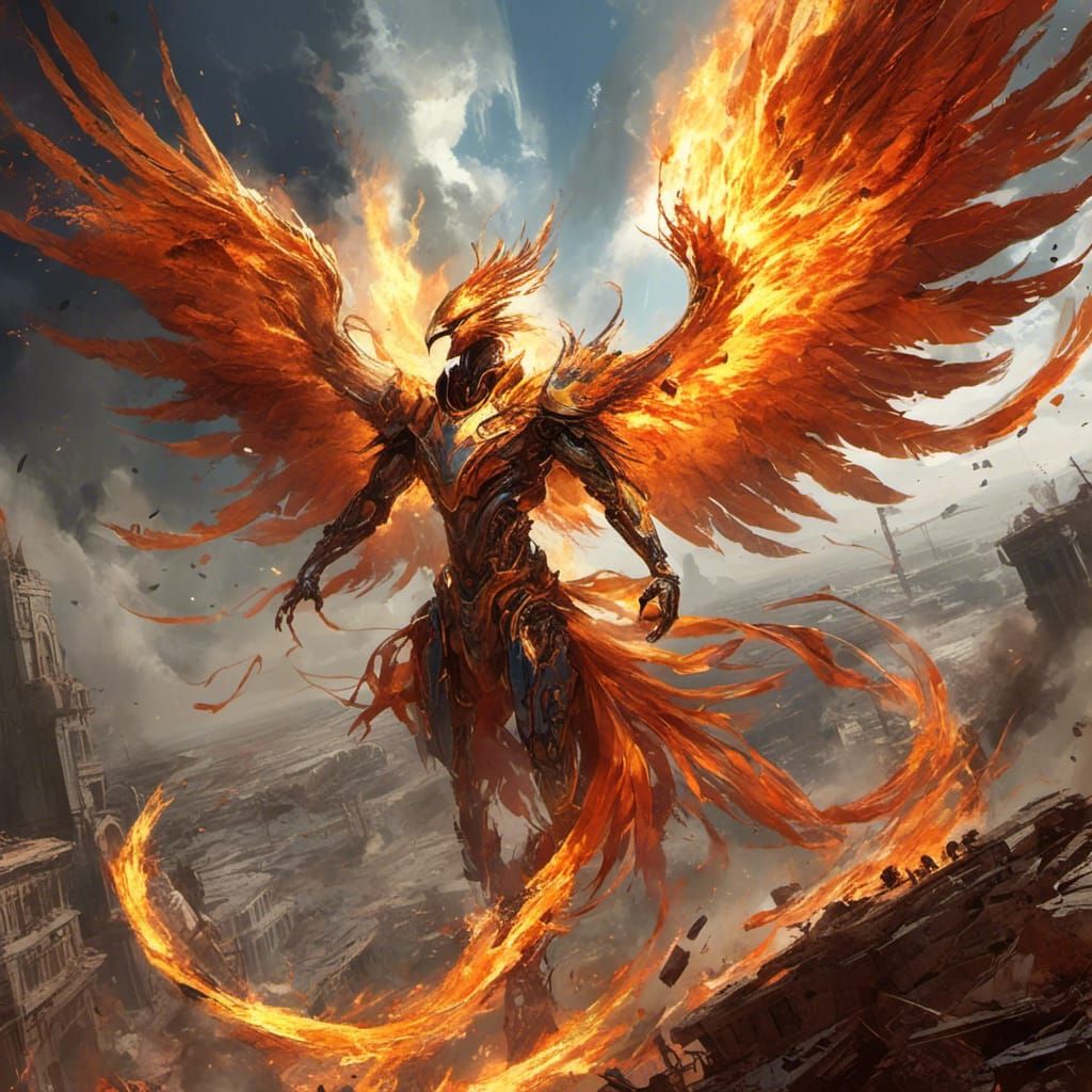 Fiery Phoenix Rising from Ashes in Glory
