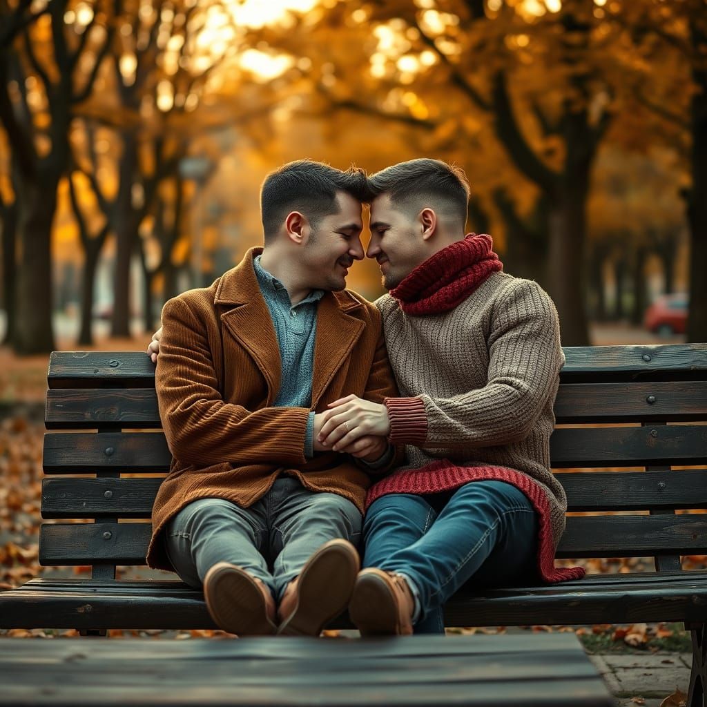 Gay Couple in Autumn Park, Painterly Photography
