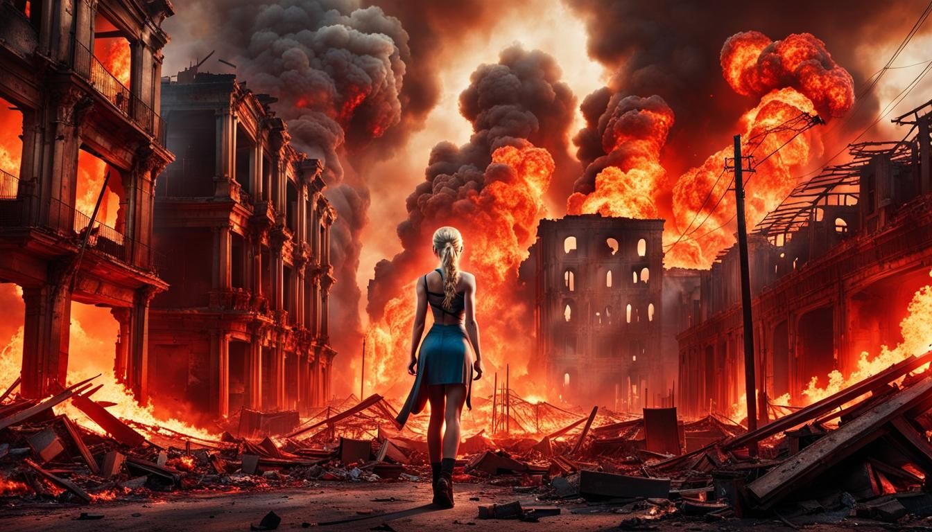 Apocalyptic Blonde Woman in Burning City