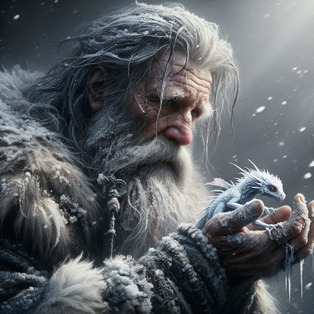 Viking Holds Tiny Dragon: 19th-Century Realism Painting