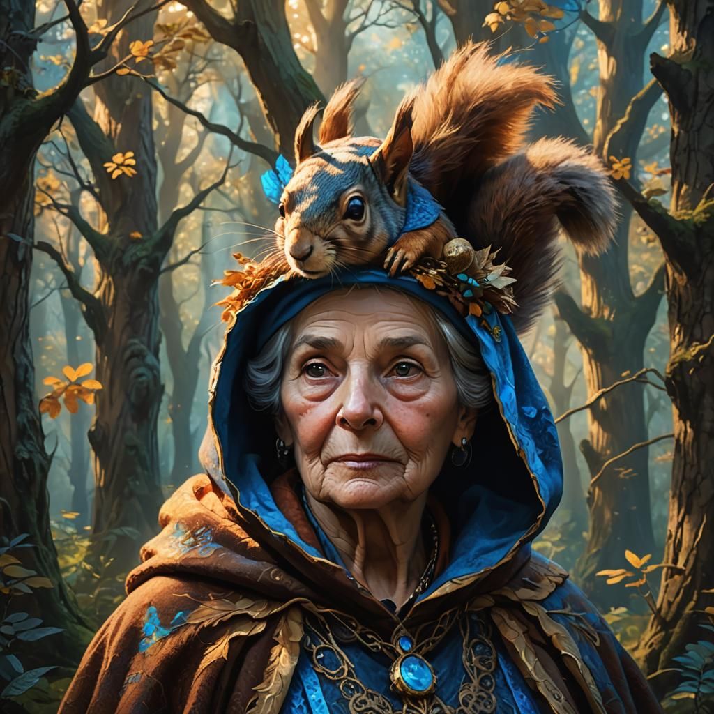 Old Lady with Squirrel in Mystical Forest
