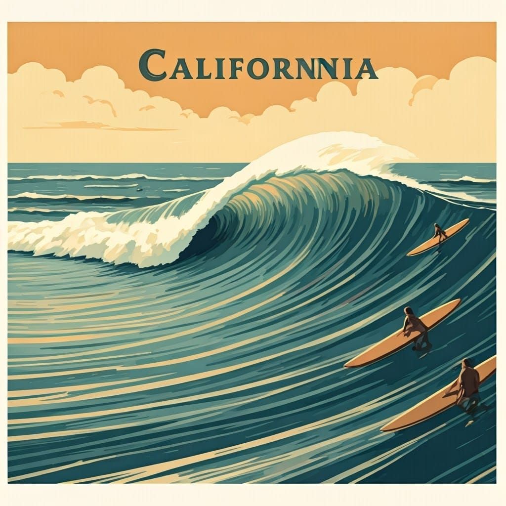 Vintage California Surfing Travel Poster Art