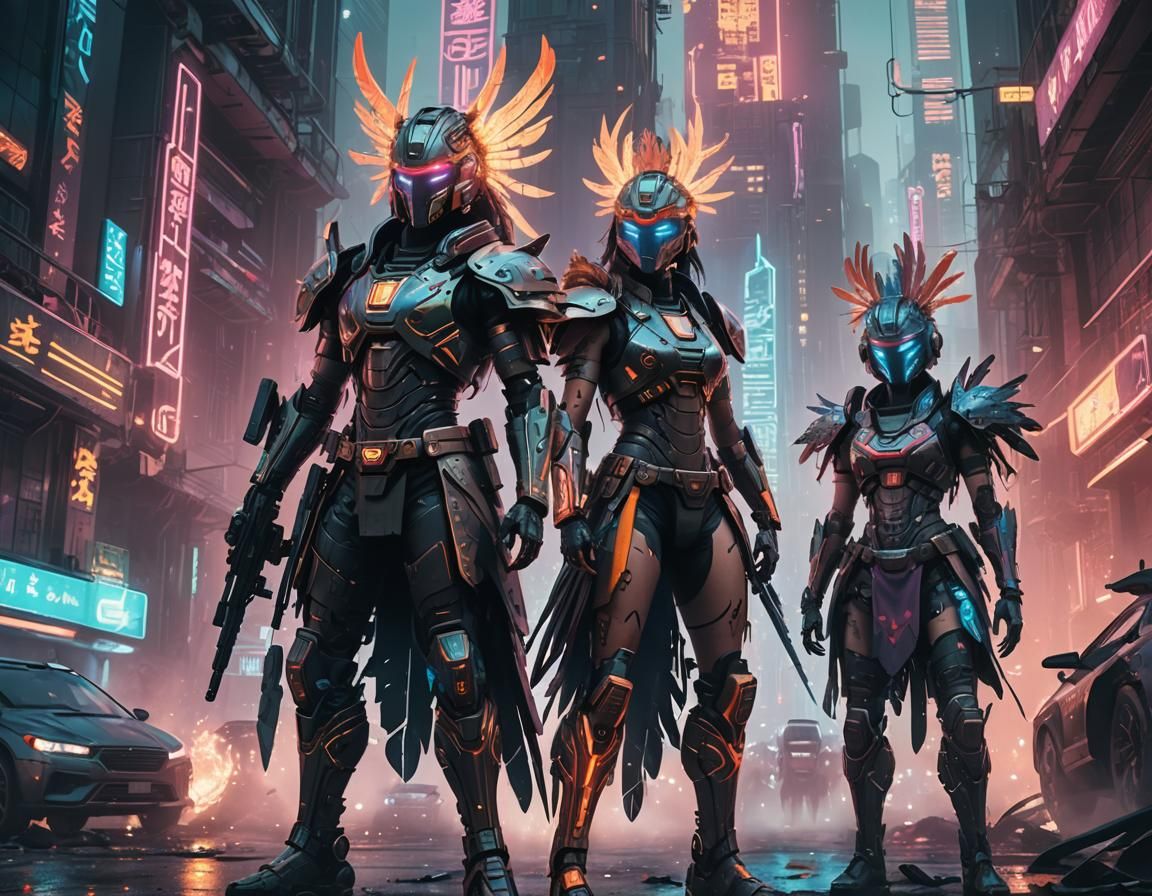 Cyberpunk Maya Warriors in Futuristic Cityscape