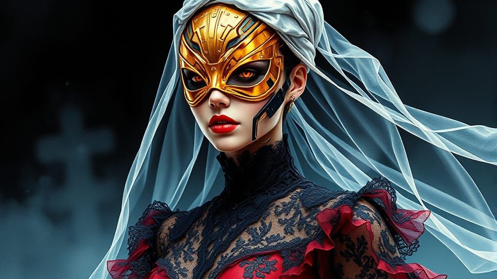 Cyberpunk Gothic Woman in Flowing Dress and Mask