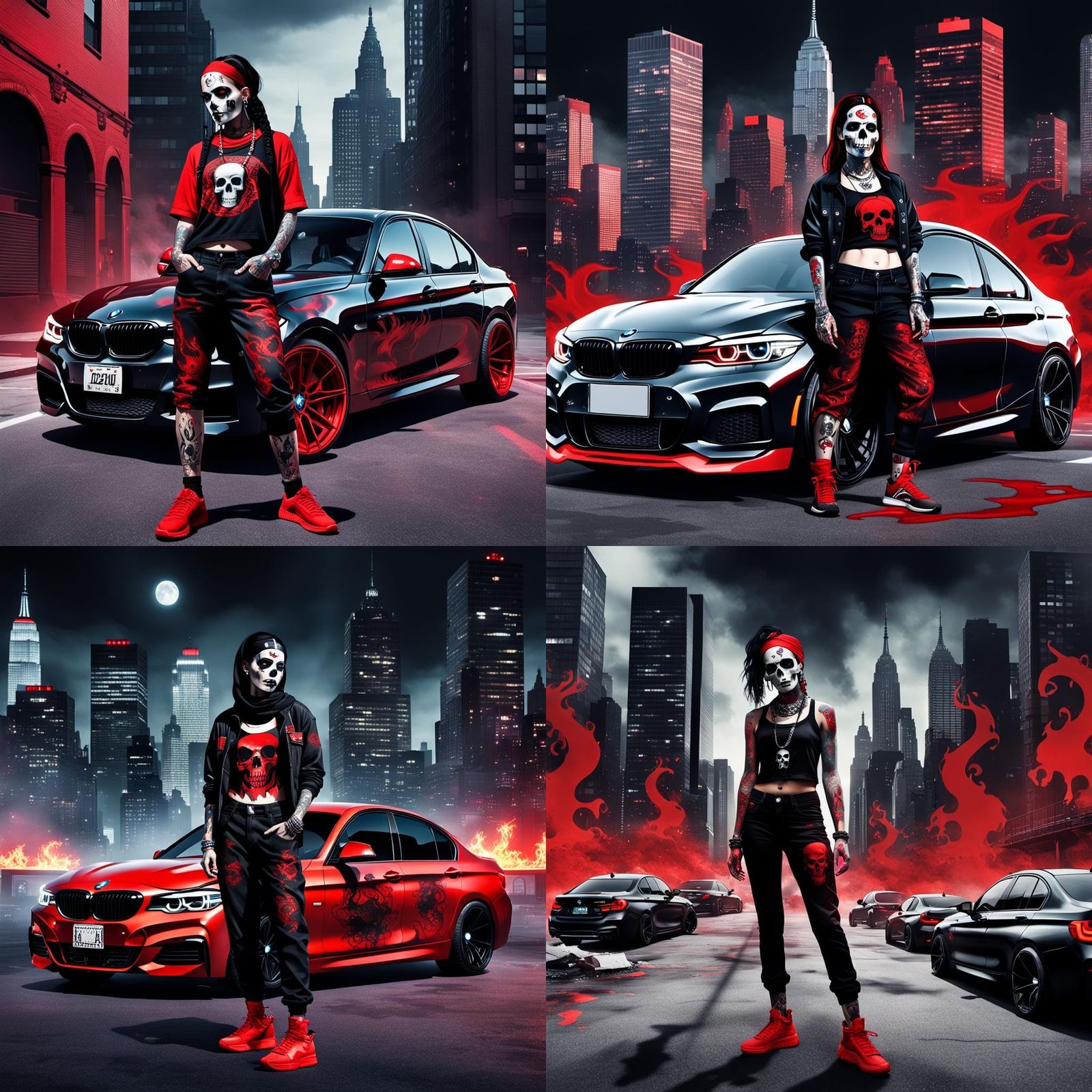 Dystopian Gothic Chola with Ghostly Figures and BMW
