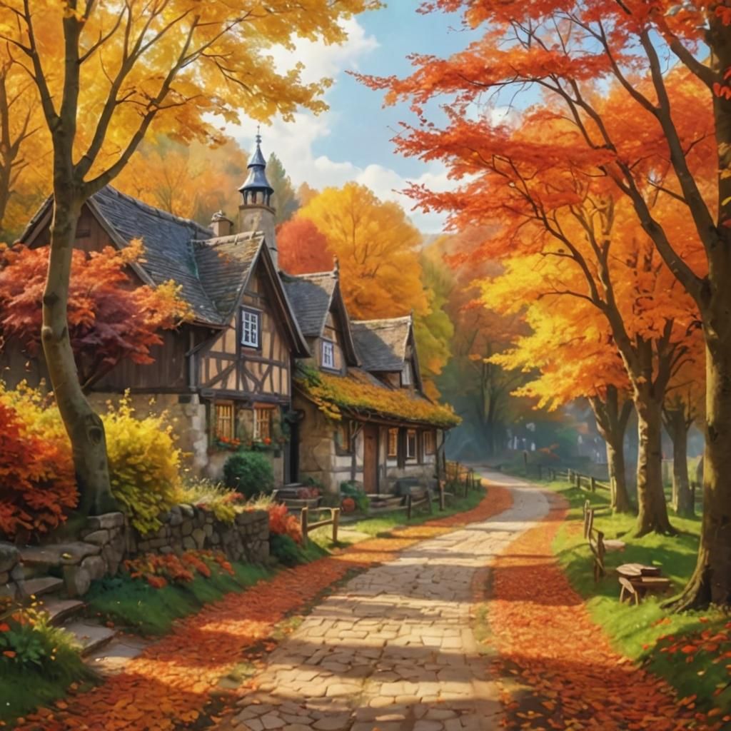 Enchanting Autumn Village Path in Vibrant Colors