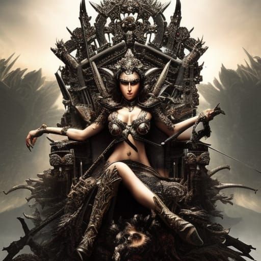 Demon Goddess on Bone Throne: Hyperdetailed Fantasy Art