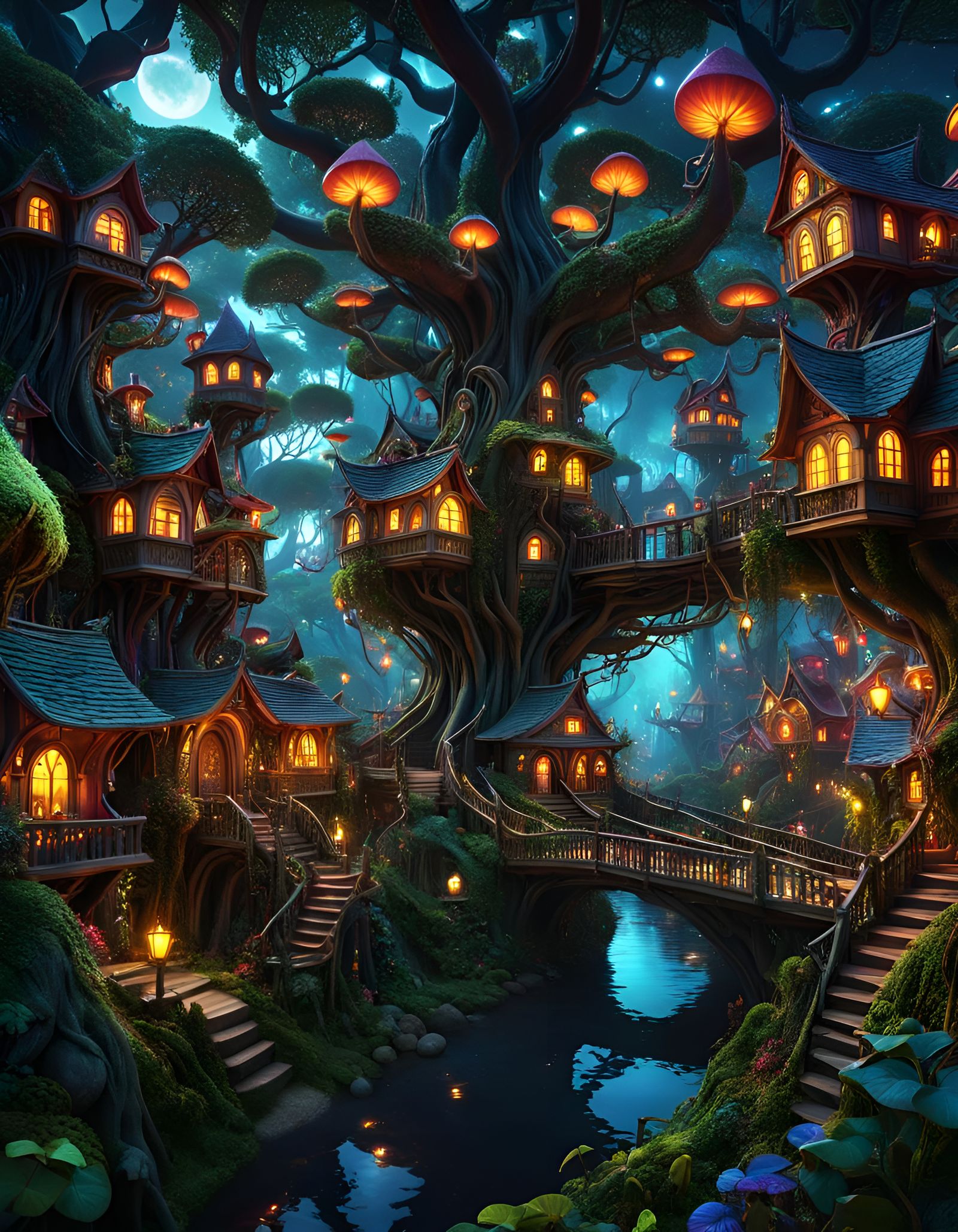 Goblincore Fairytale Tree Village at Night
