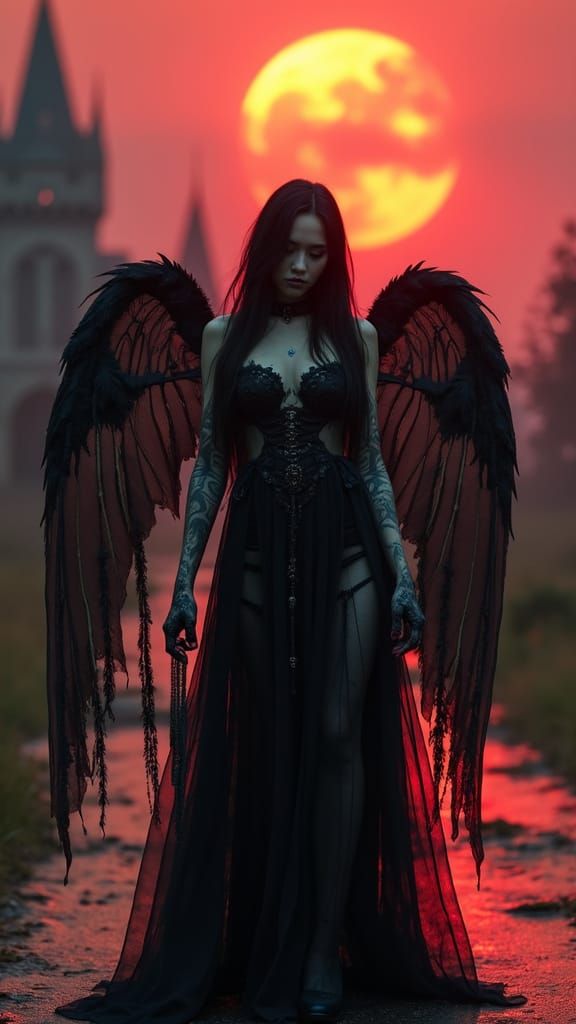 Dark Fantasy Model on Runway with Moon