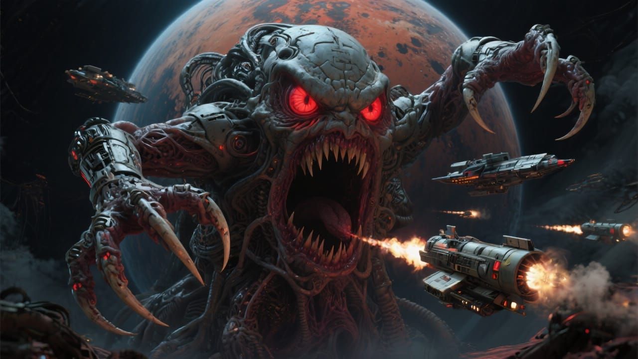 Menacing Planet with Glowing Eyes Attacks Spaceships