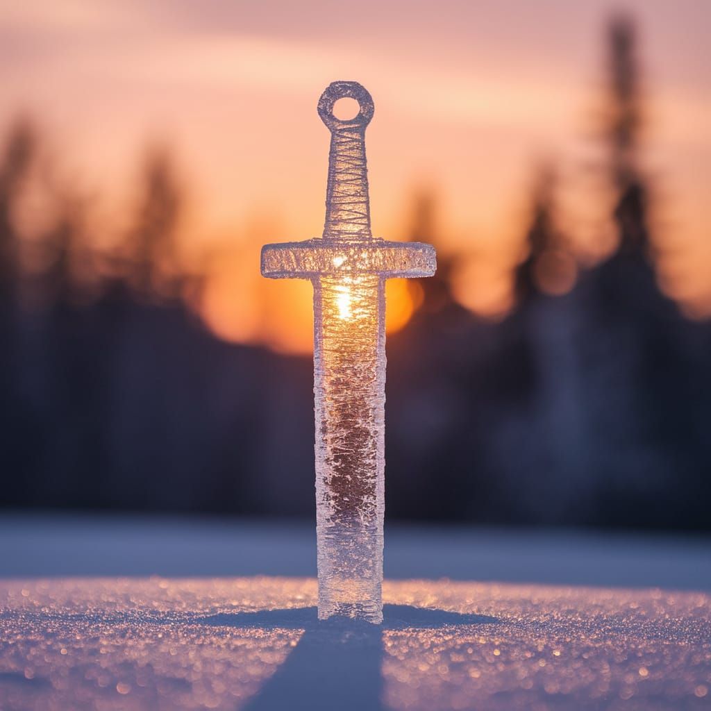Ice Sword Stands Vigilant in Snowy Forest at Sunset
