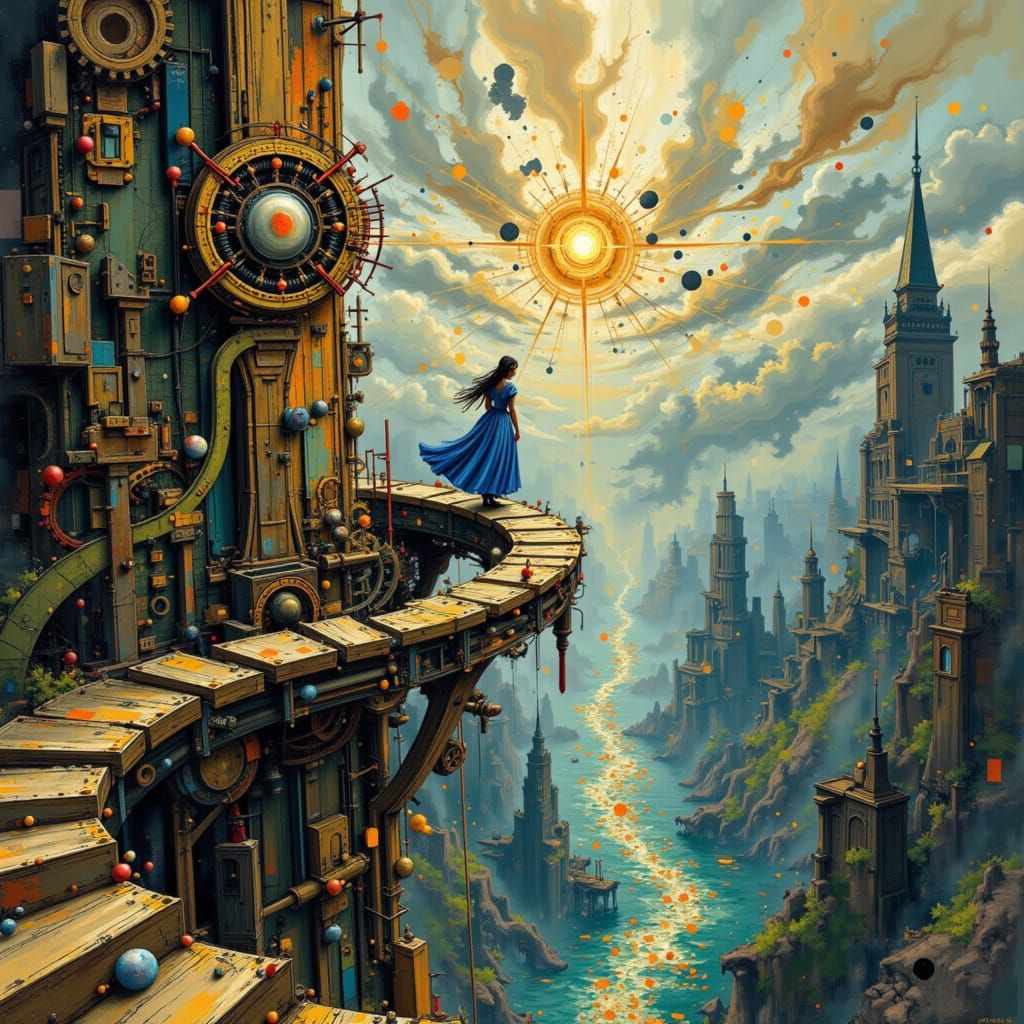 Alice on a Clockwork Tower Above a Gear Ocean
