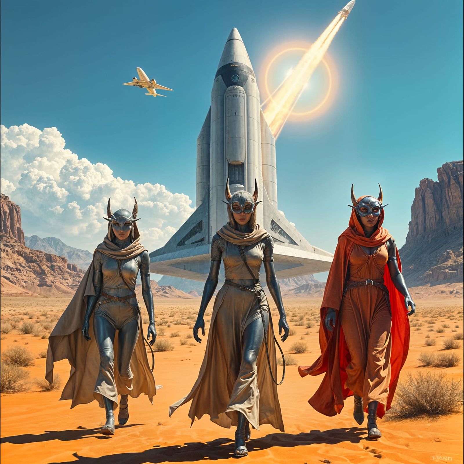 Hybrid Women in Desert with Space Shuttle