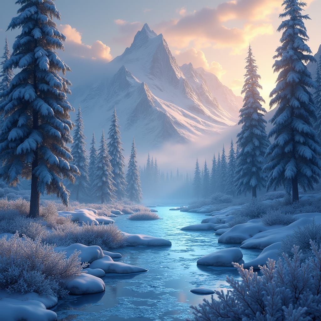 Icy River in Winter Landscape, Photorealistic Matte Painting