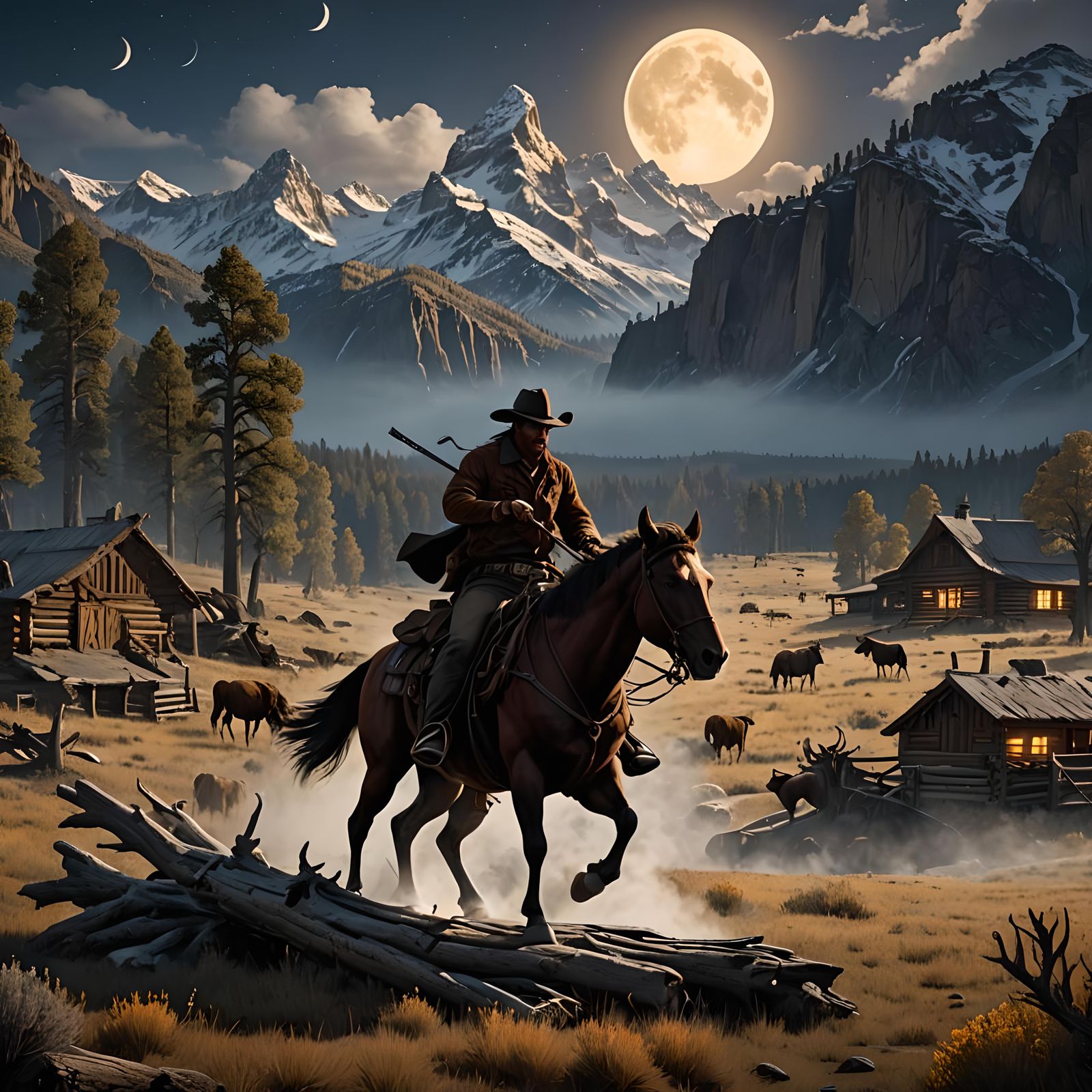 Cowboy Rides Stallion in Wyoming Under Moonlight