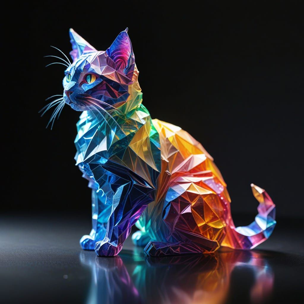 Origami Cellophane Cat Sculpture with Rainbow Gradients