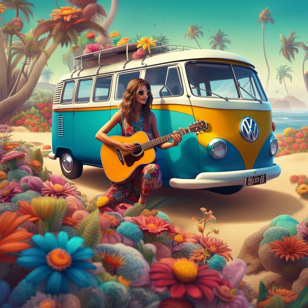 Groovy 60s Beach Scene with Guitarist