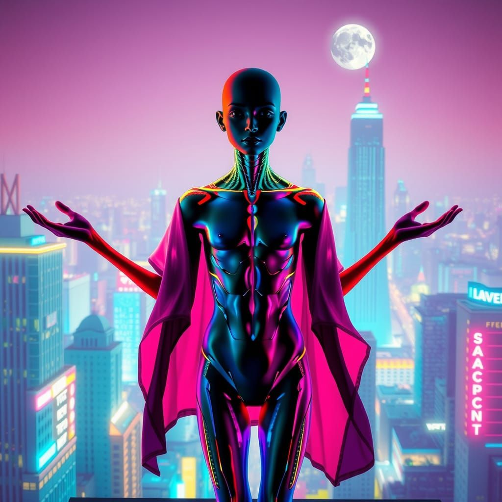 Androgynous Figure Dissolving into Cyberpunk Cityscape