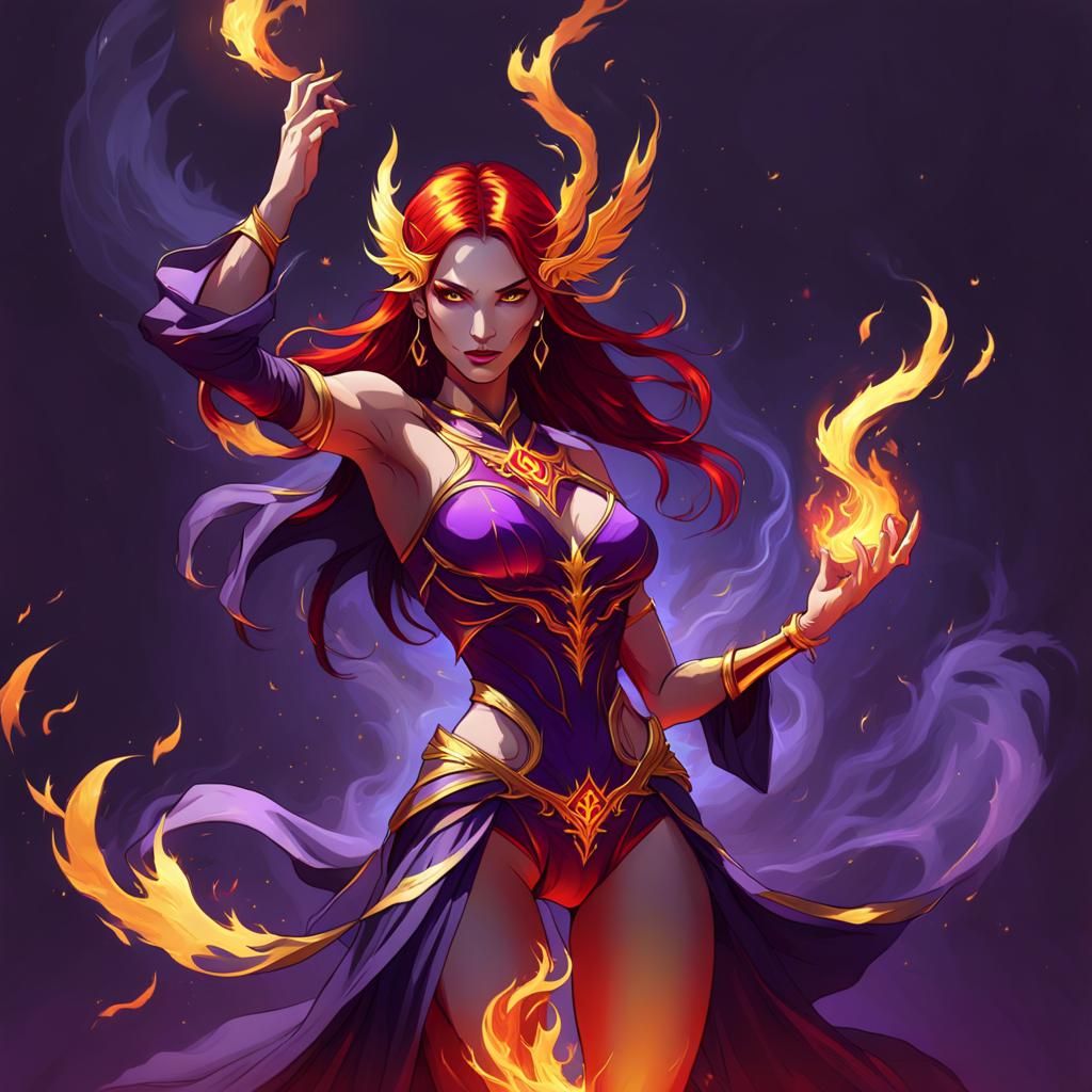 Graceful Sorceress Casting a Flaming Arcane Spell