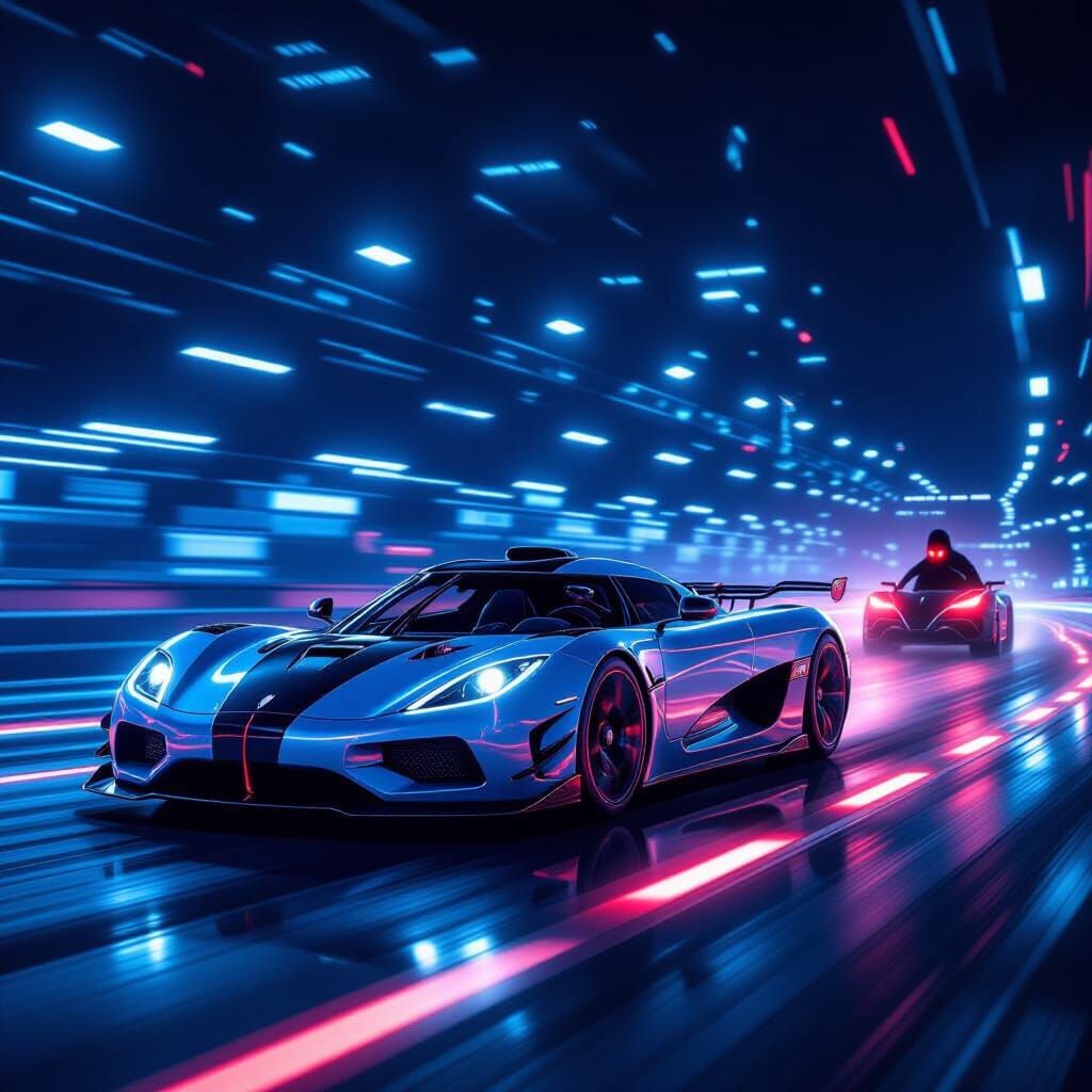 Koenigsegg Speeds on Neon Track in Hyperrealistic Style