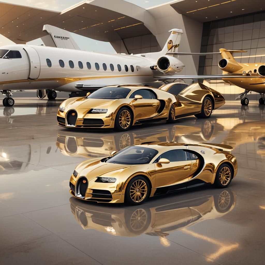 Golden Bugatti and Jet: Anime Style Luxury Showcase