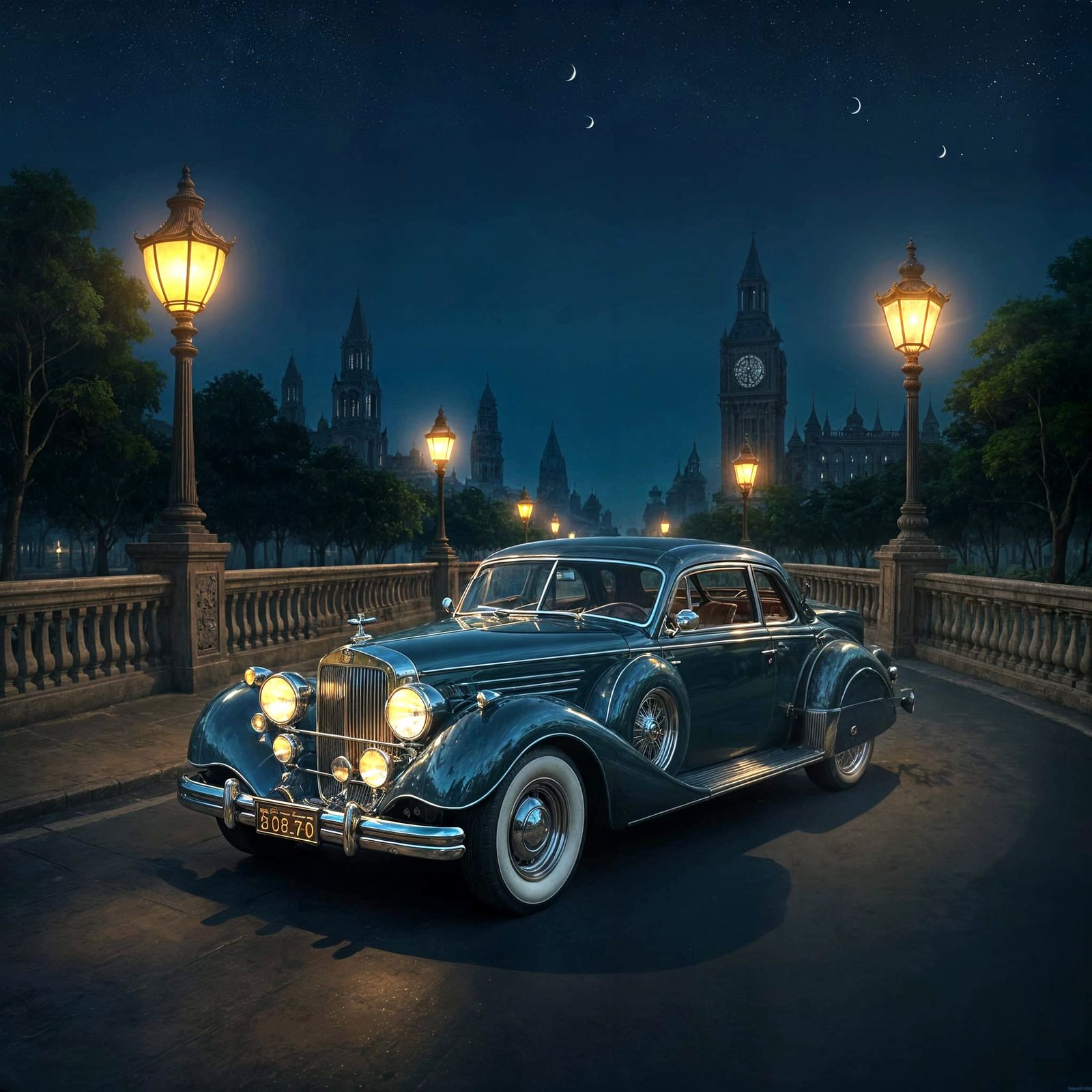 Art Deco Luxury Car Above Jungle Ruins