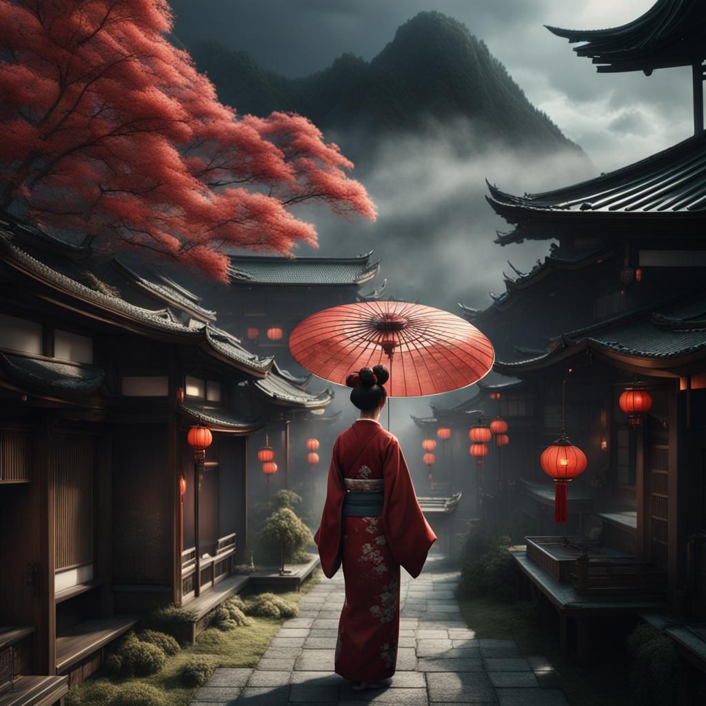 Dramatic Portrait of Japanese Woman: Digital Matte Painting