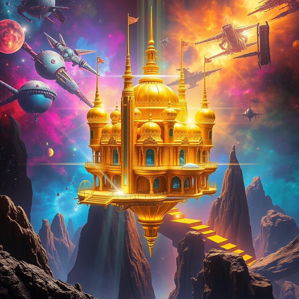 Futuristic Golden Palace Amidst Iridescent Nebula