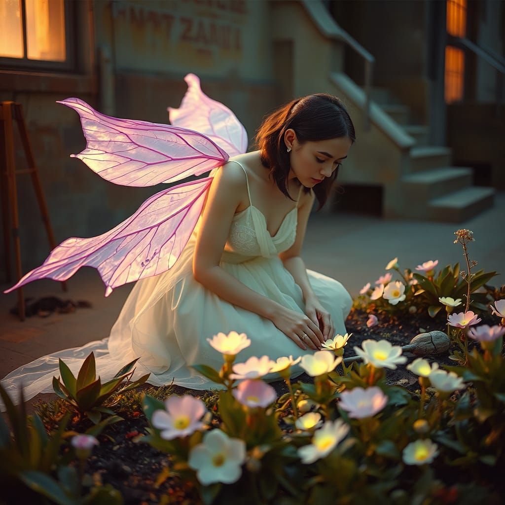 Hyperrealistic Cyborg Angel Tending Bioluminescent Garden