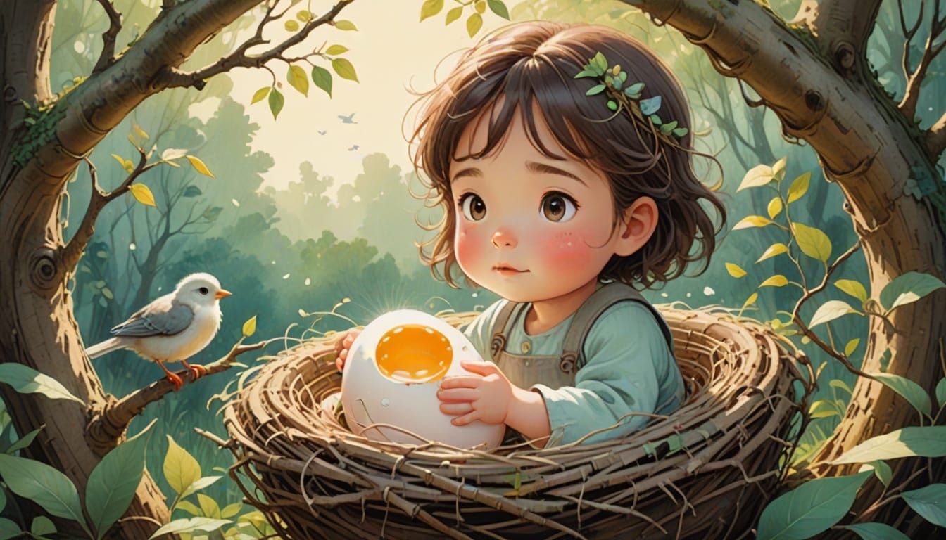 Whimsical Ghibli-Inspired Baby Girl in a Bird's Nest