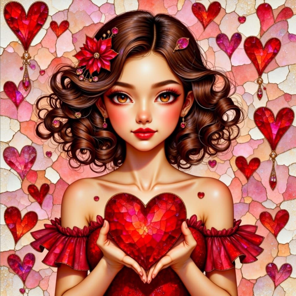 Whimsical Girl Holding Heart in Diamond Painting Style