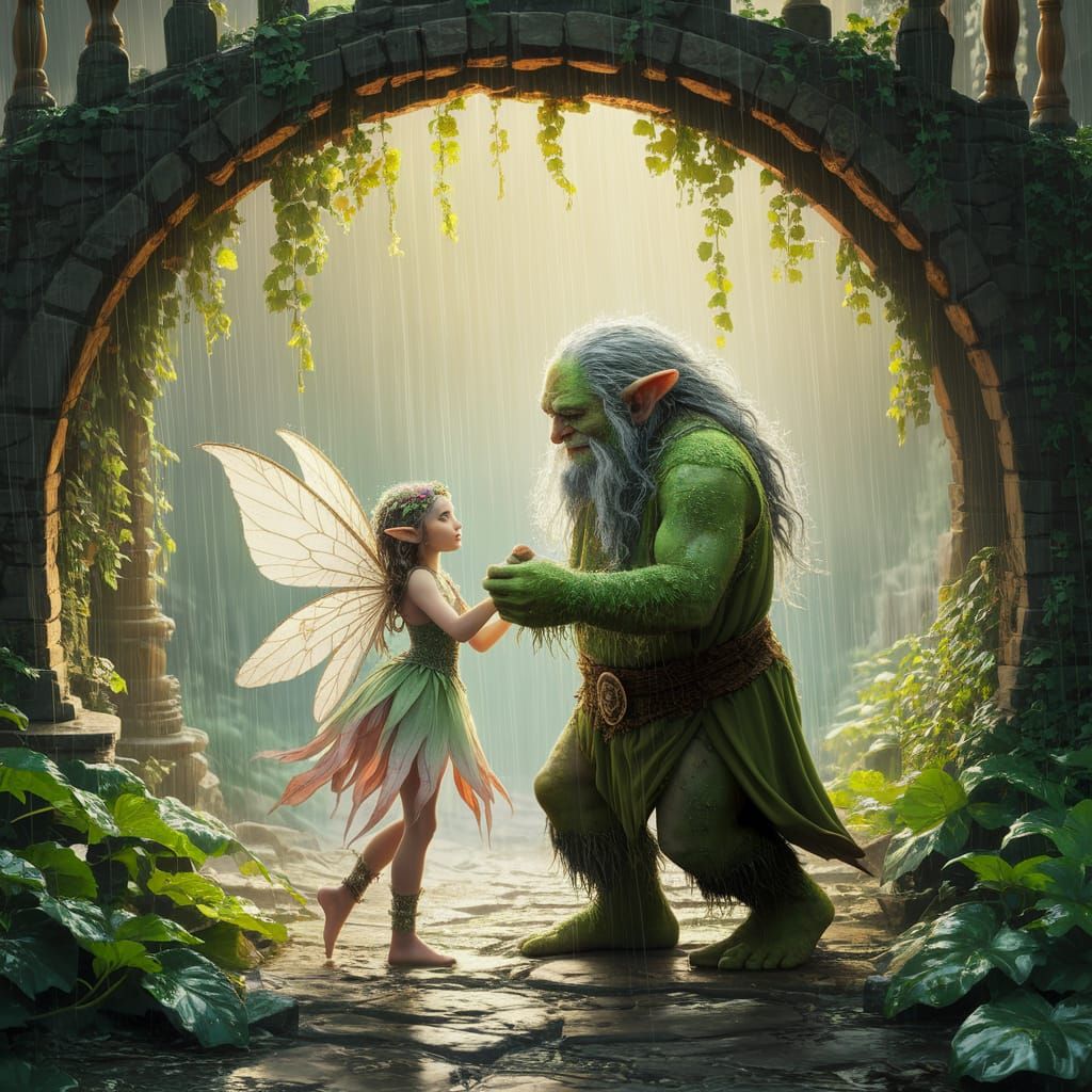 Troll and Fairy Dance in Mystical Forest