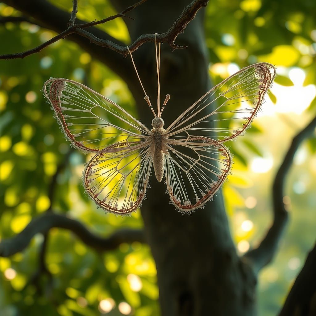 Iridescent Thread Butterfly on Ancient Tree Branch