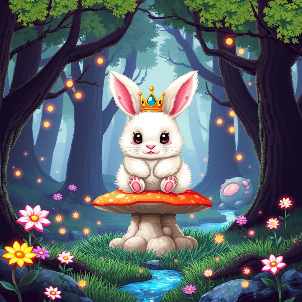 Pixelated Bunny King on Mushroom Throne in Glitched Forest