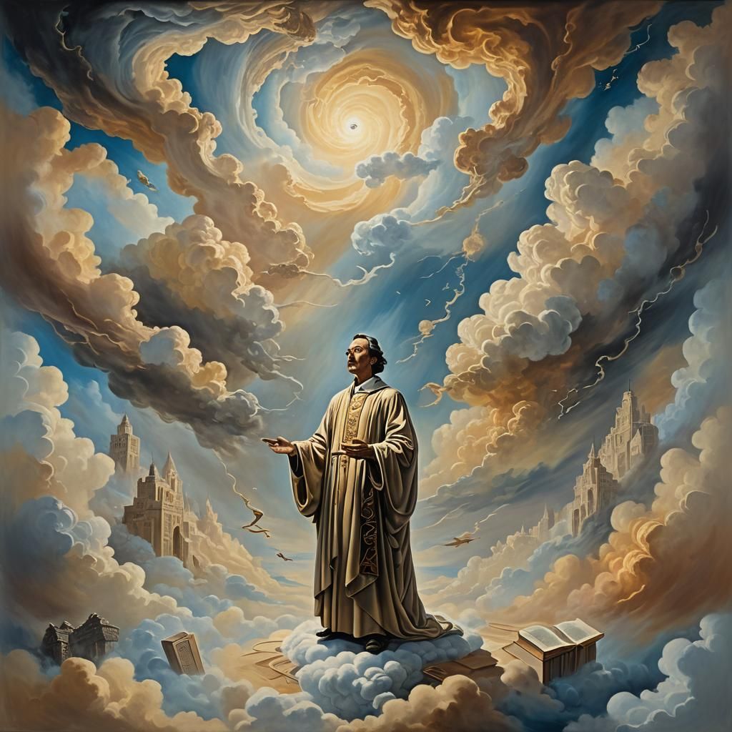 Ethereal Being Amidst Clouds of Knowledge: Surreal Oil Paint...