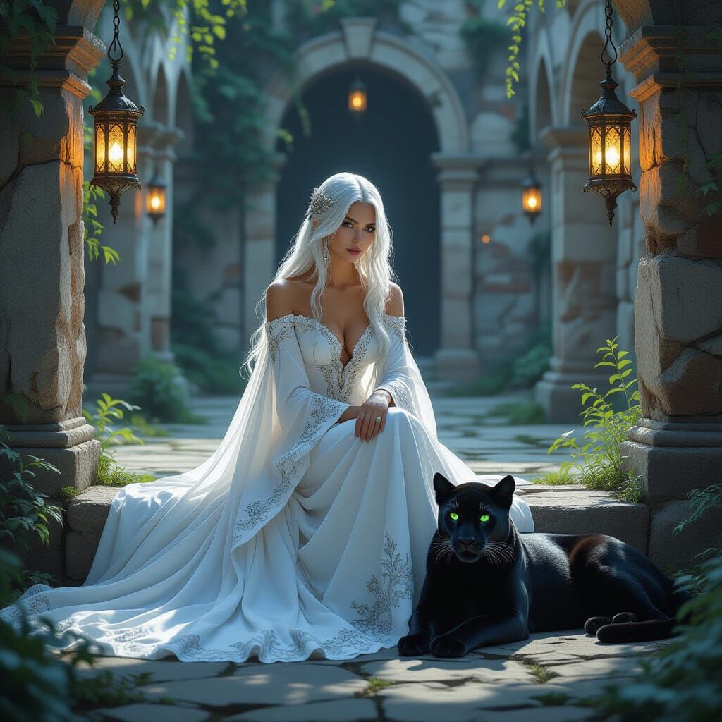 Mysterious Woman and Panther in Ancient Courtyard